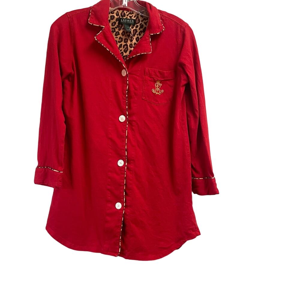 Ralph Lauren Button Down Sleep Shirt Size Small Nightgown Red Cheetah